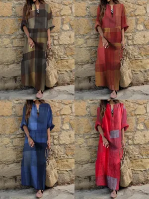Casual Plaid Notch Neck Long Sleeve Vintage Pocket Women Maxi Dress