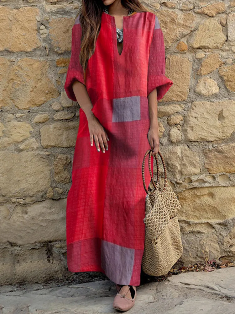 Casual Plaid Notch Neck Long Sleeve Vintage Pocket Women Maxi Dress