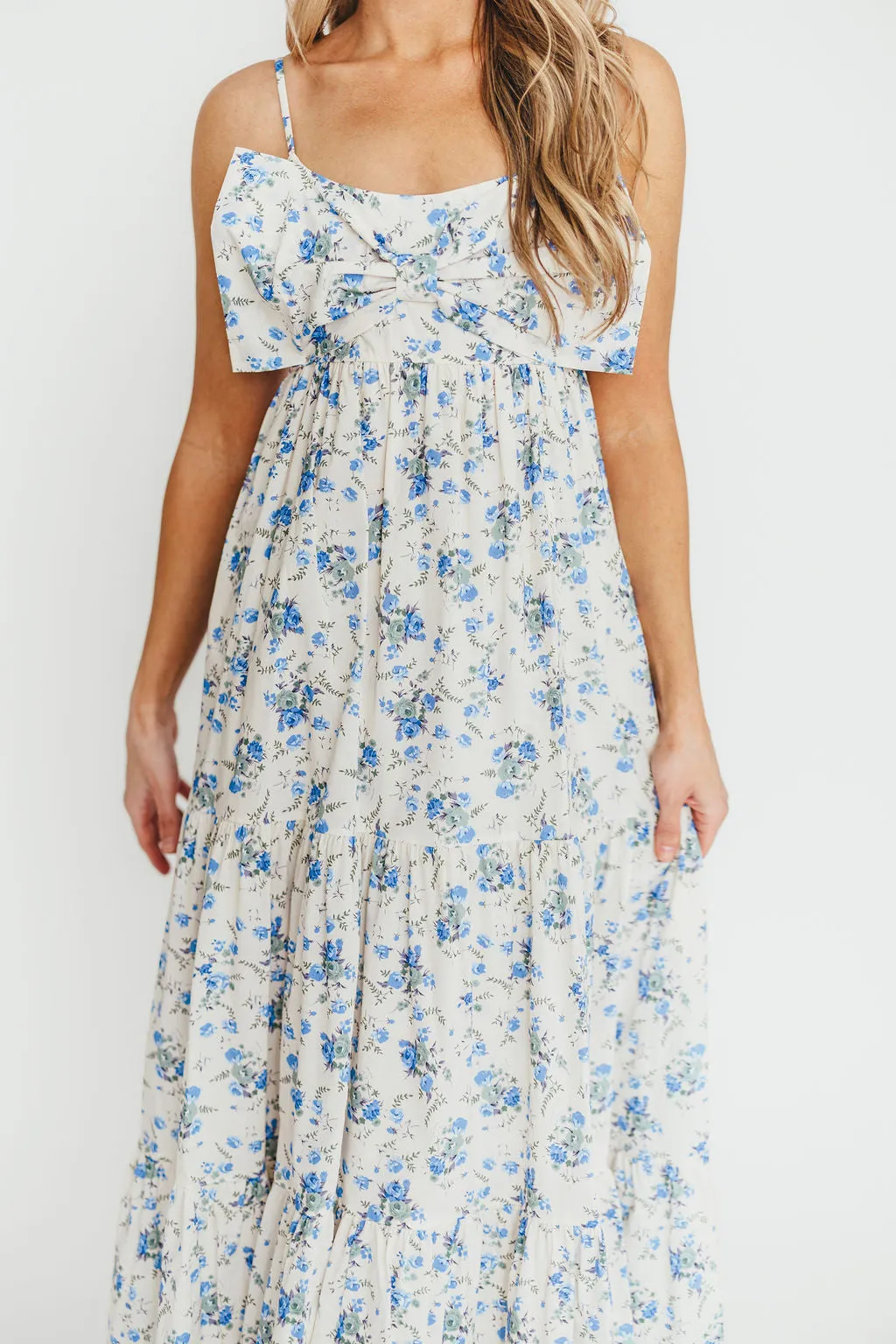 Cecile 100% Cotton Bow Front Maxi Dress in Cream/Blue Floral