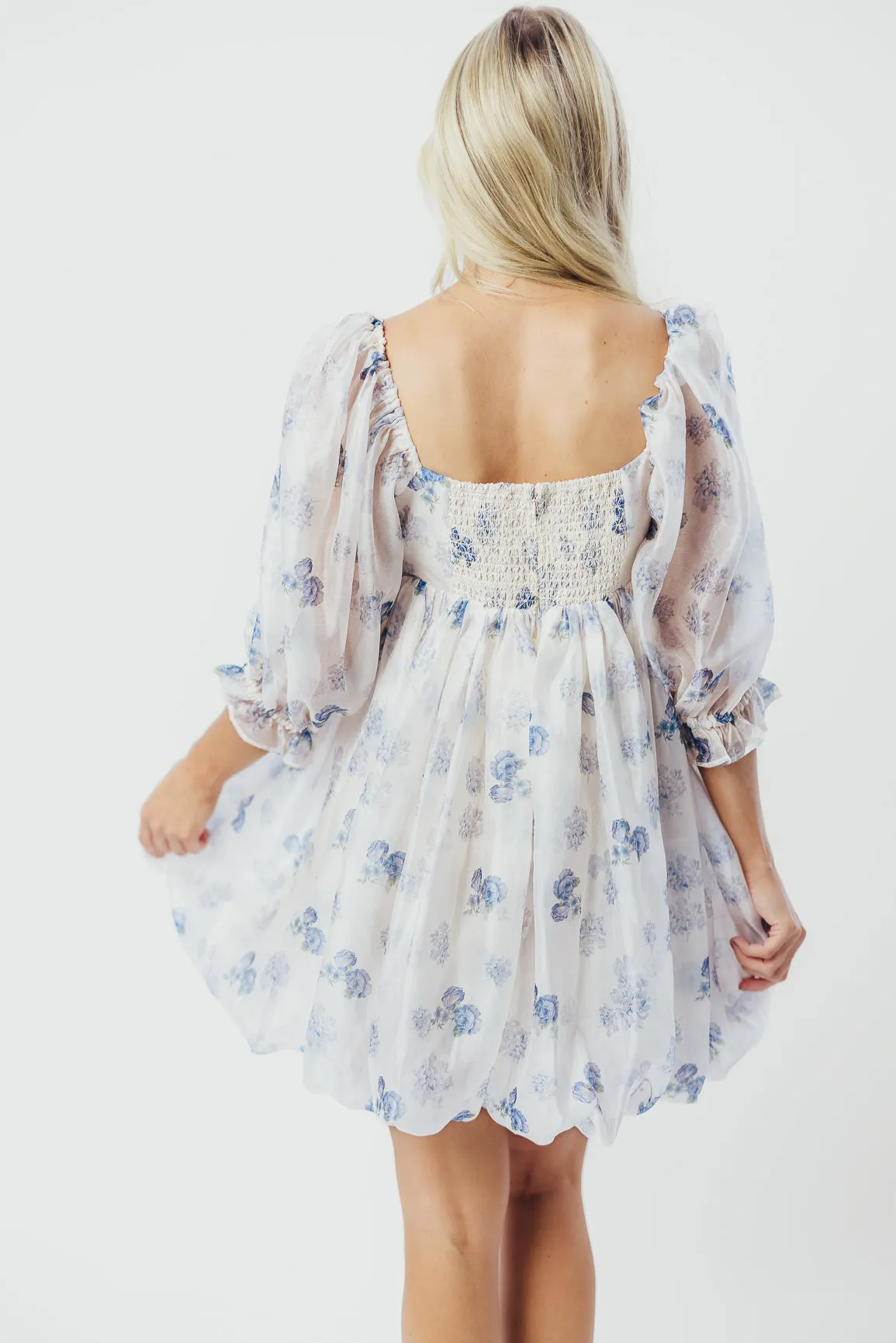 Chase Bubble Hem Mini Dress in White/Periwinkle