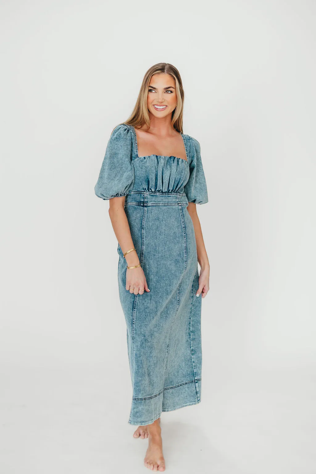 Cora Balloon Sleeve Denim Maxi Dress