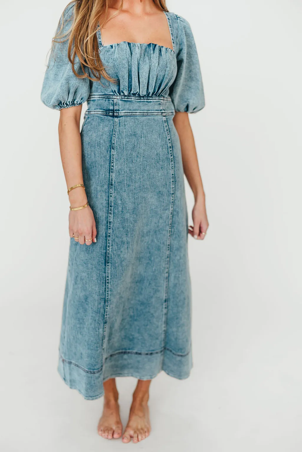 Cora Balloon Sleeve Denim Maxi Dress