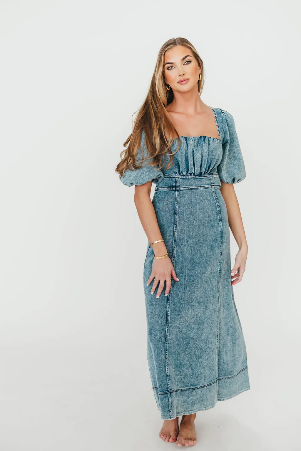 Cora Balloon Sleeve Denim Maxi Dress