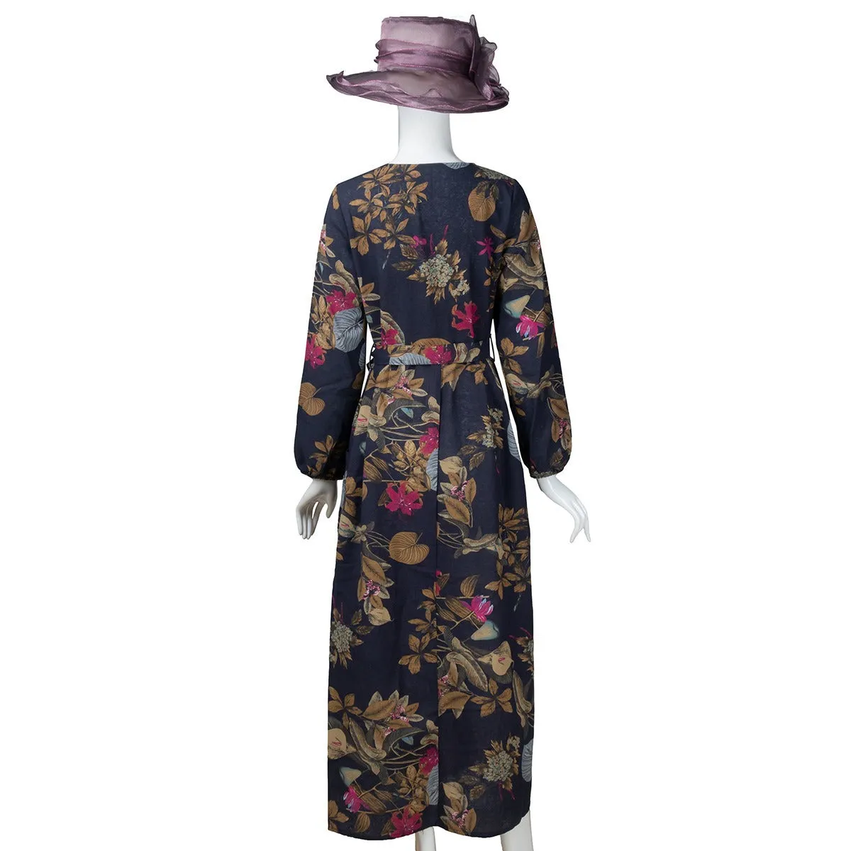 Cotton Floral Print Puff Sleeve Pleated Pockets Loose Robe Vintage Women Maxi Dress
