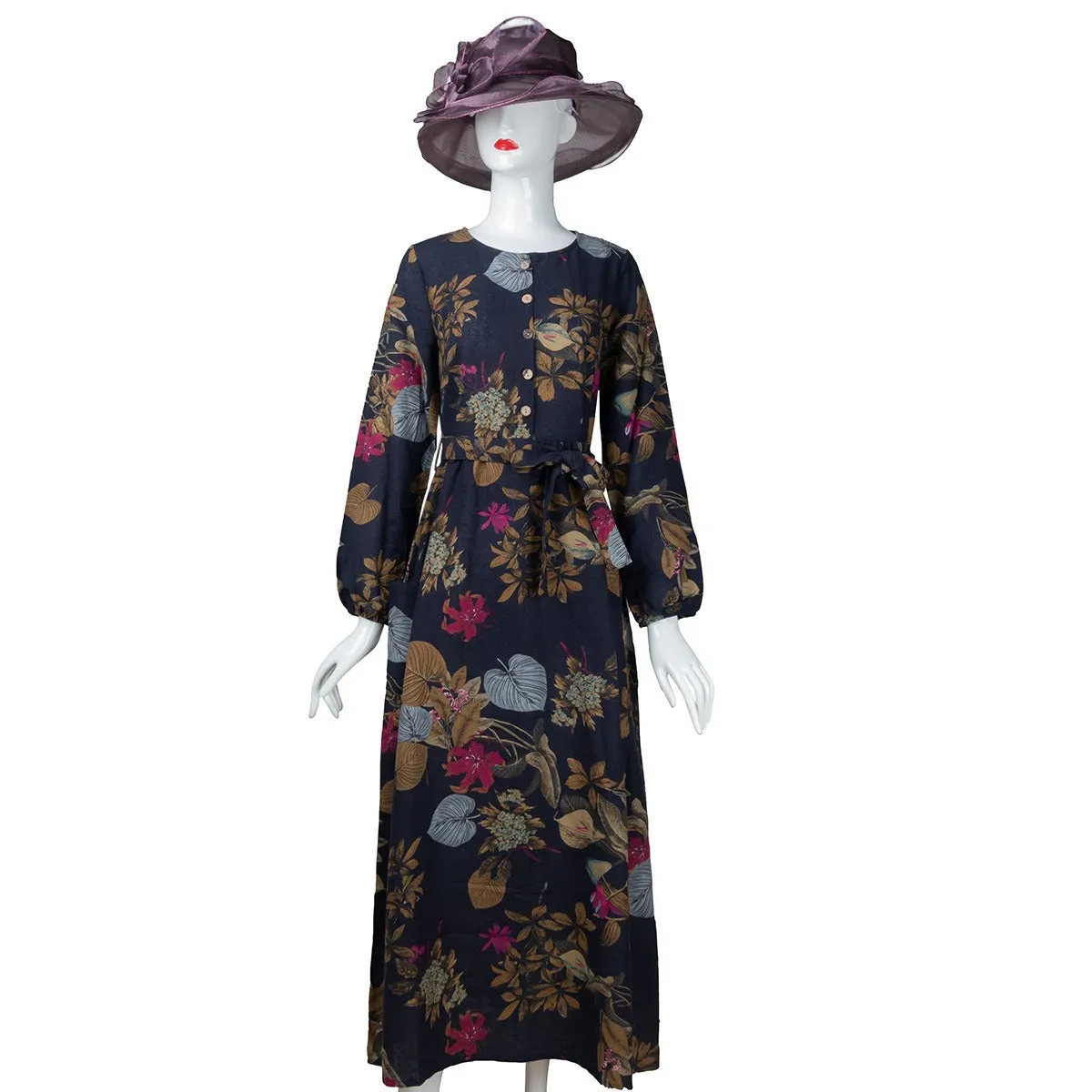 Cotton Floral Print Puff Sleeve Pleated Pockets Loose Robe Vintage Women Maxi Dress