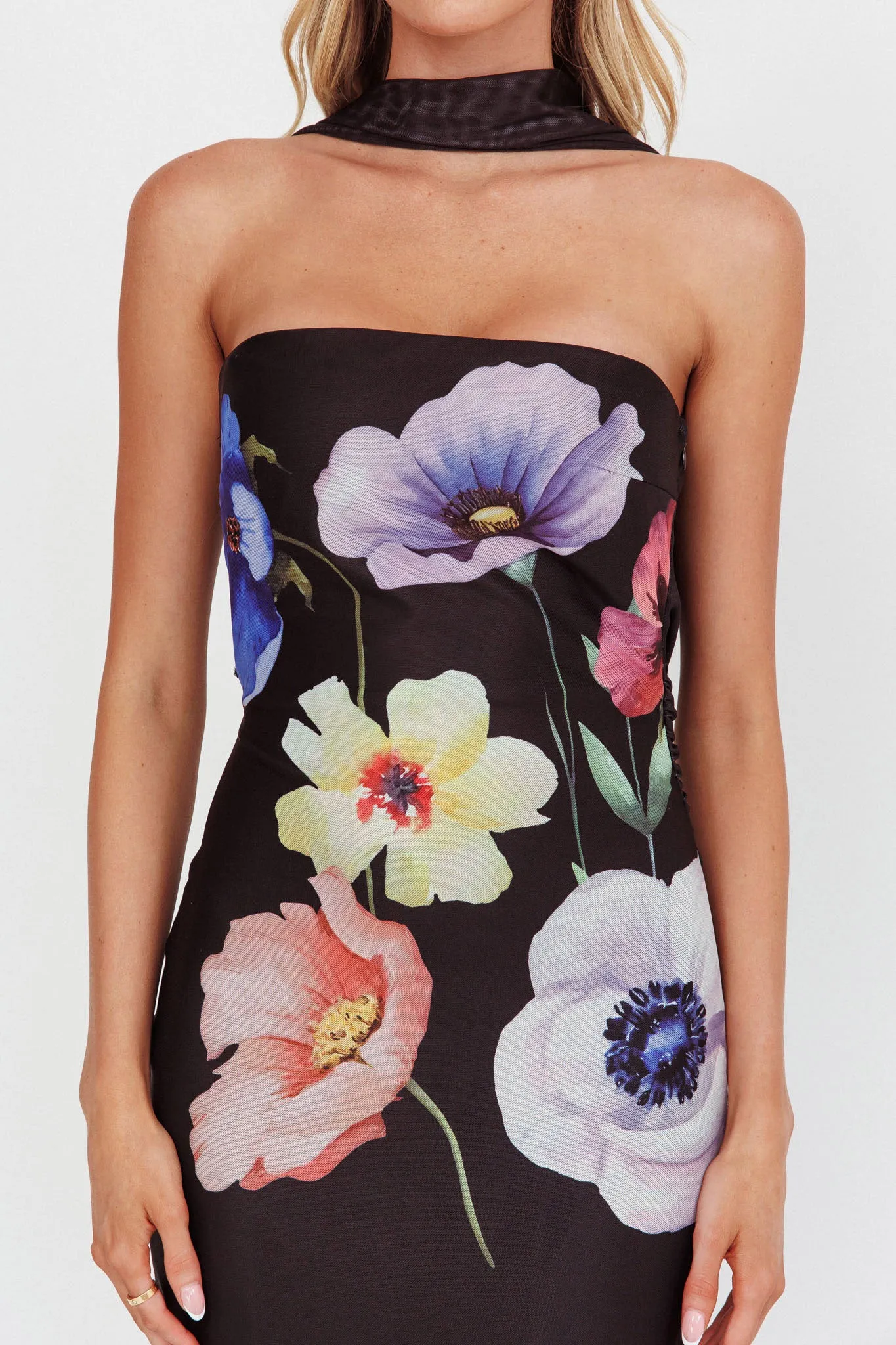 Damsel Reverse Halter Mesh Maxi Dress Flower Black