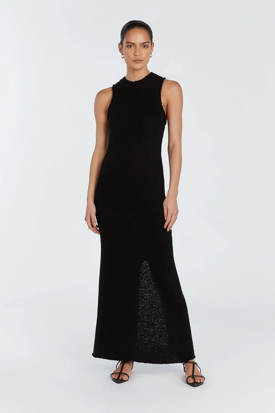 DION BLACK BOUCLE CREW MAXI DRESS