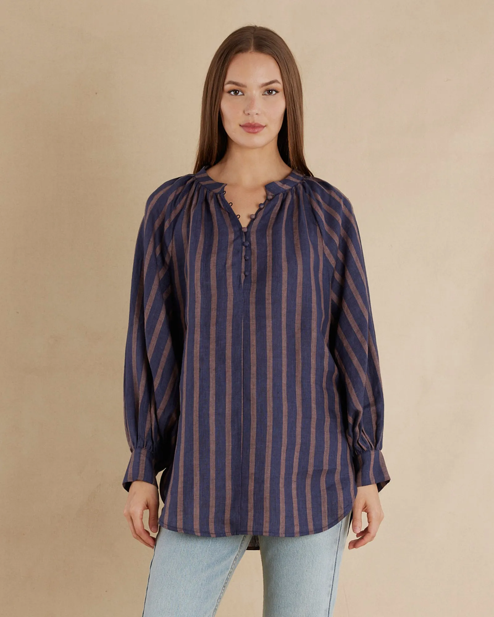 Estelle Linen Tunic Blouse - Navy