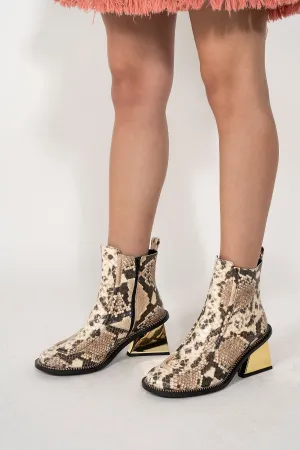 GOLD M'A HEEL SNAKE BOOTS IN BROWN