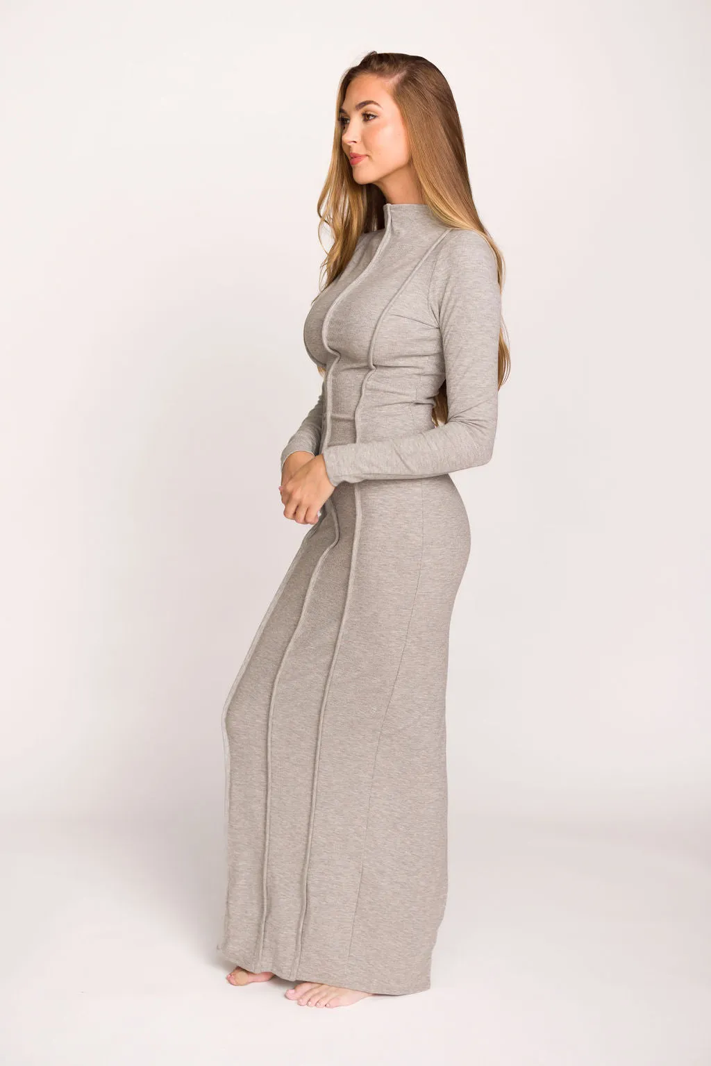 Jackie Knit Maxi Dress With Back Slit in Heather Grey