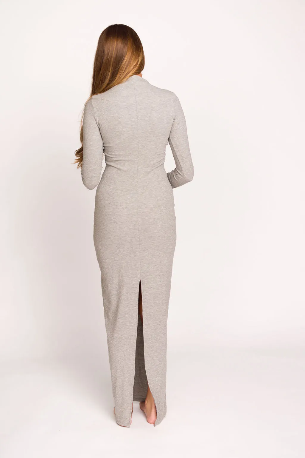 Jackie Knit Maxi Dress With Back Slit in Heather Grey