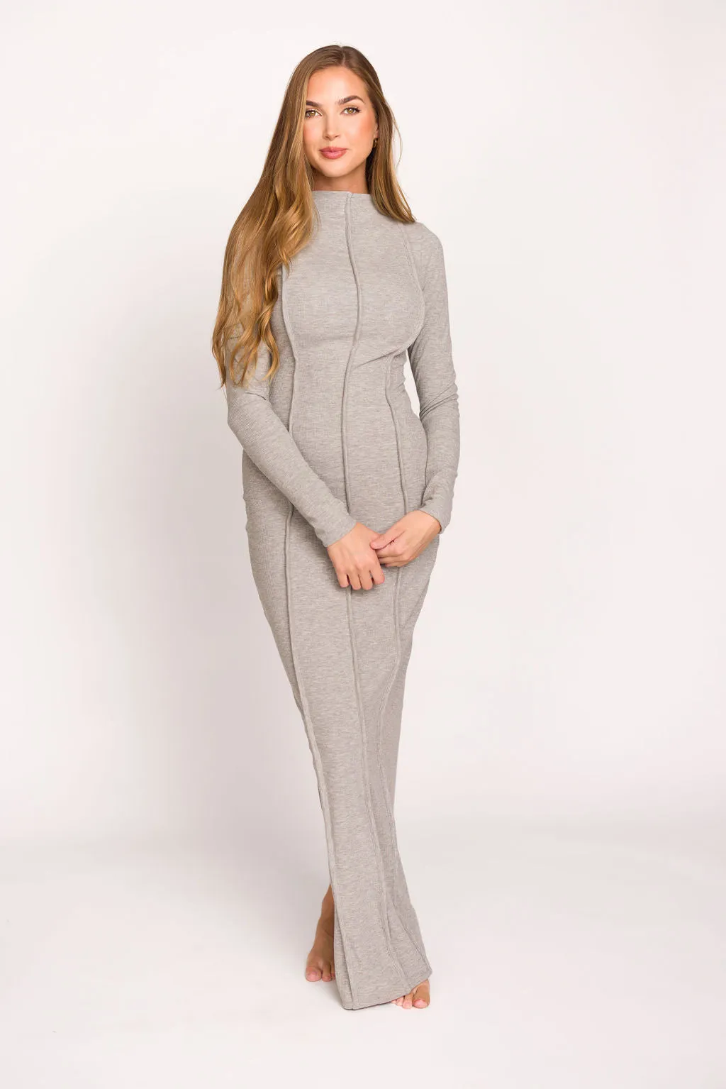 Jackie Knit Maxi Dress With Back Slit in Heather Grey