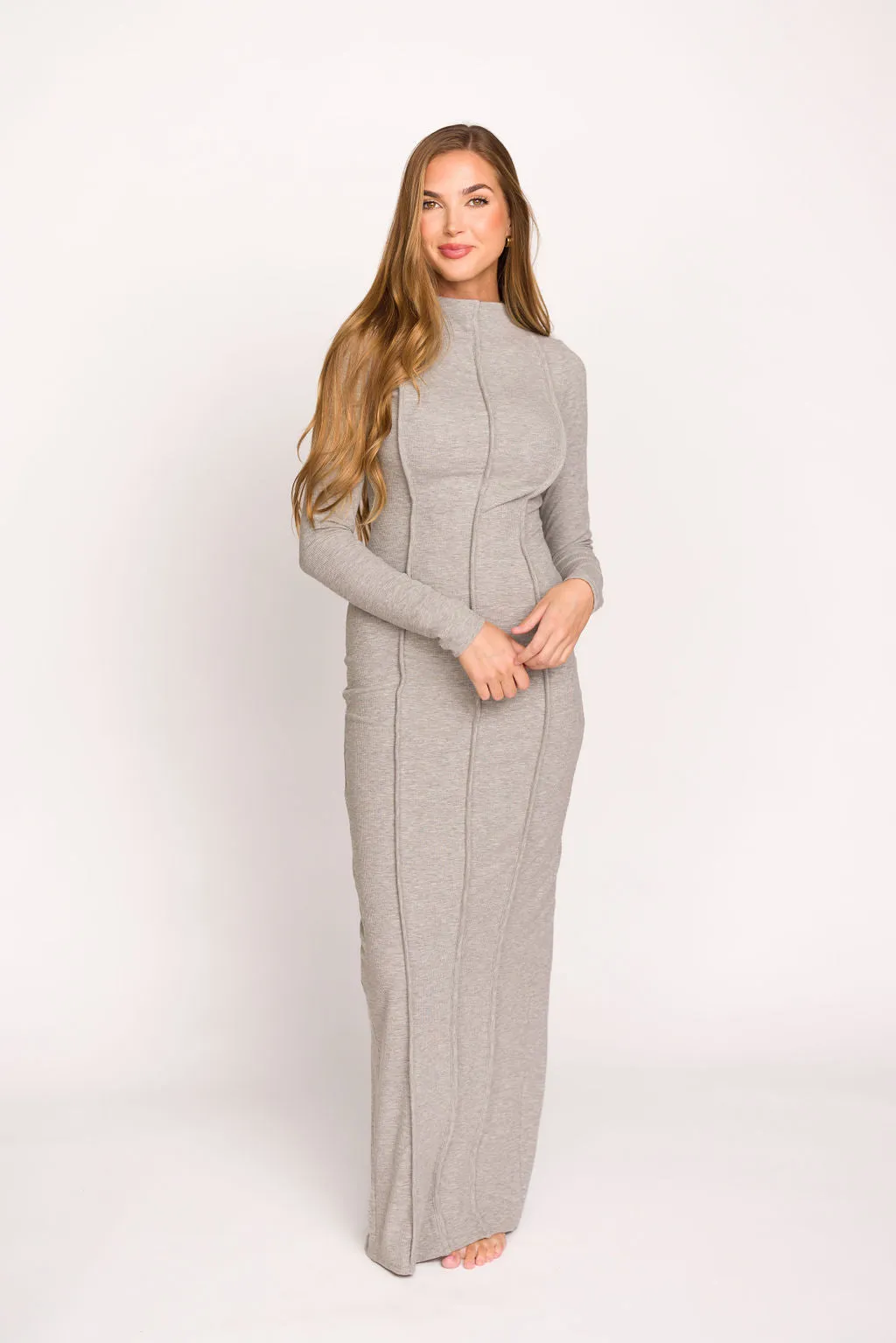 Jackie Knit Maxi Dress With Back Slit in Heather Grey