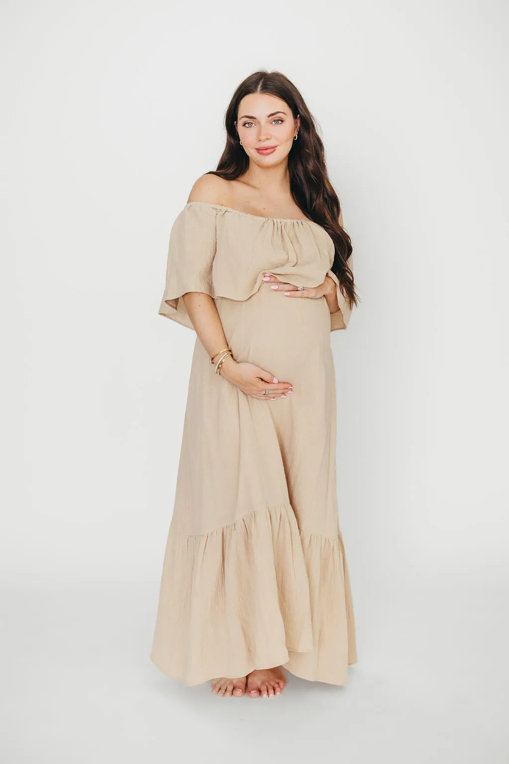 Josie 100% Cotton Maxi Dress in Beige - Bump & Nursing Friendly