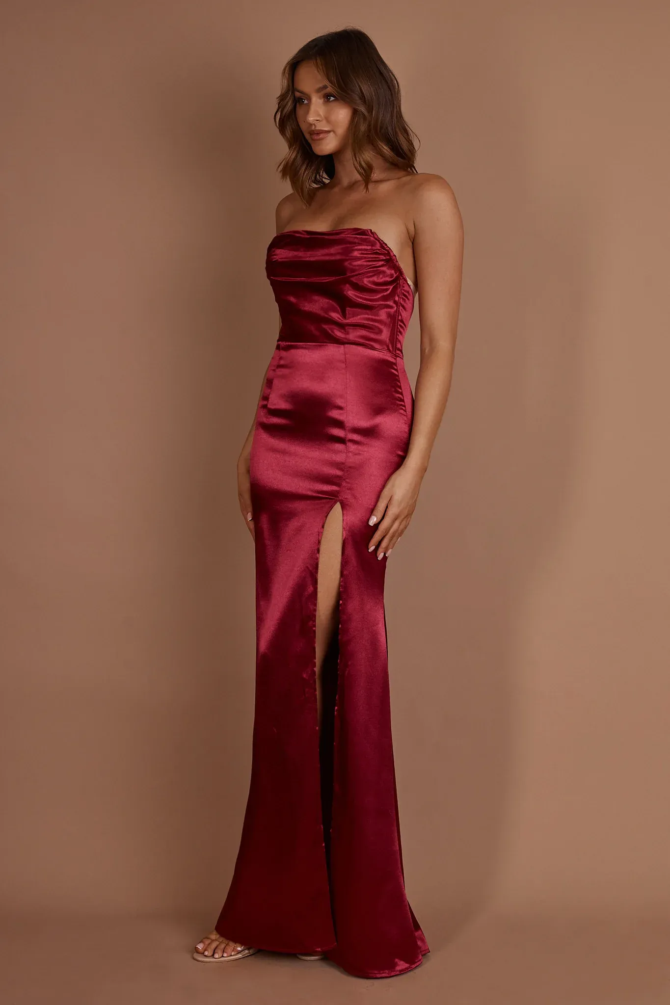 Kalisa Strapless Thigh Split Maxi Dress Burgundy