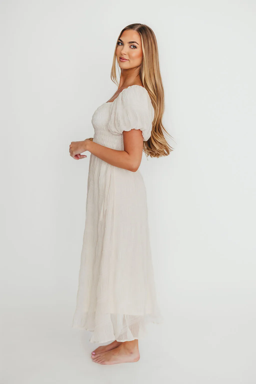 Laura Puff Sleeve Smocked Midi Dress in Ecru