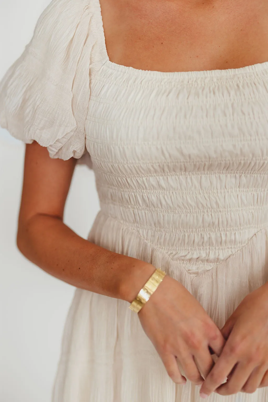 Laura Puff Sleeve Smocked Midi Dress in Ecru