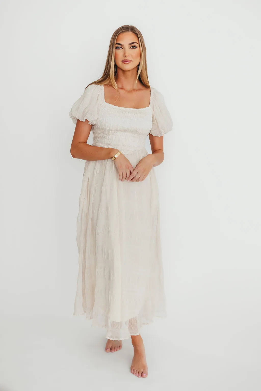 Laura Puff Sleeve Smocked Midi Dress in Ecru