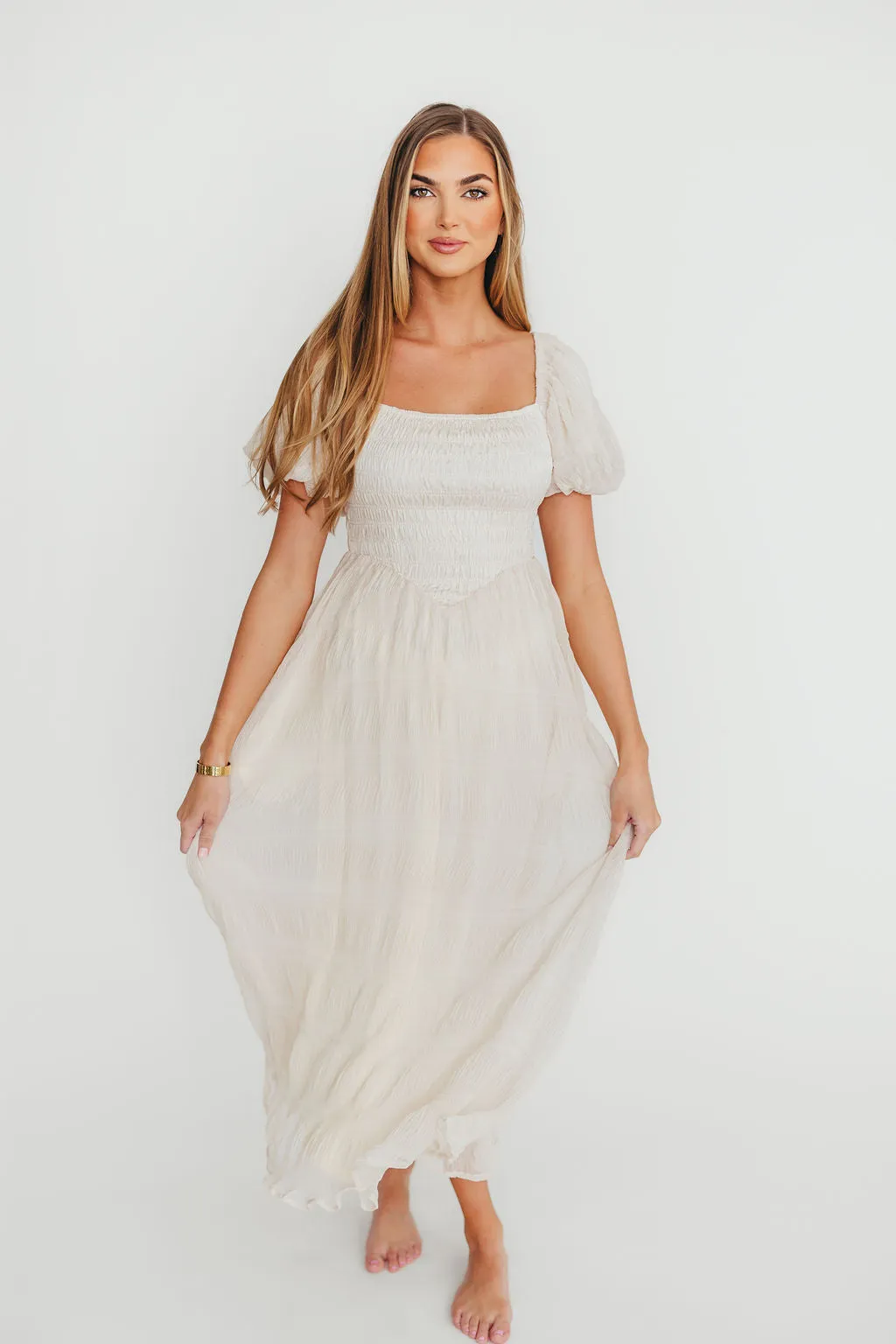 Laura Puff Sleeve Smocked Midi Dress in Ecru