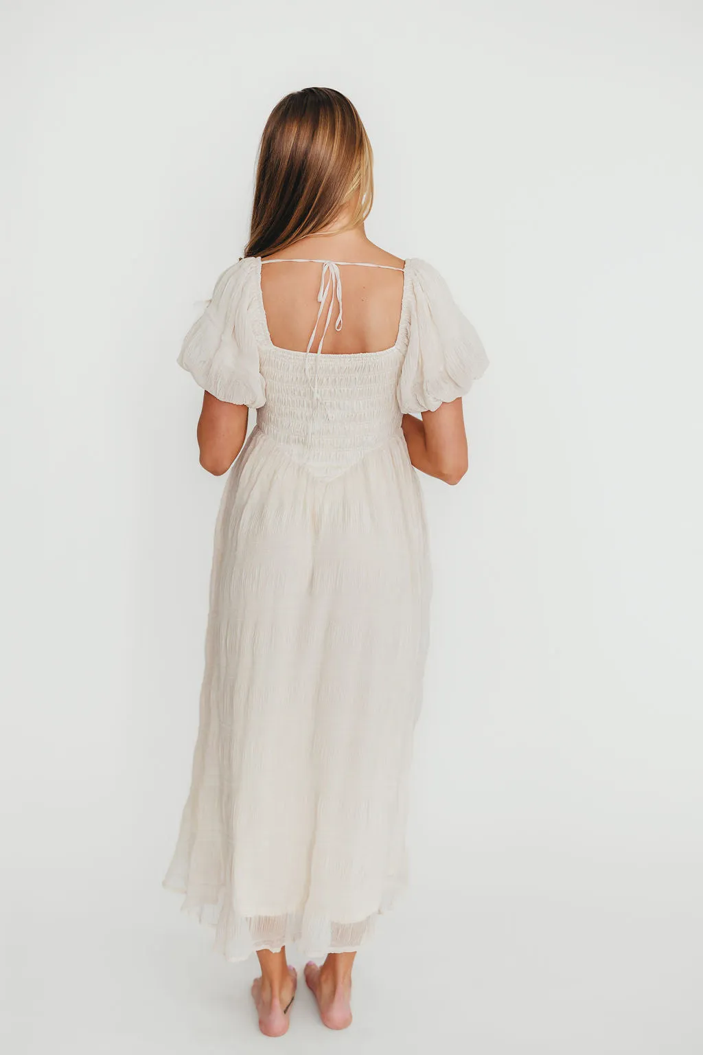 Laura Puff Sleeve Smocked Midi Dress in Ecru