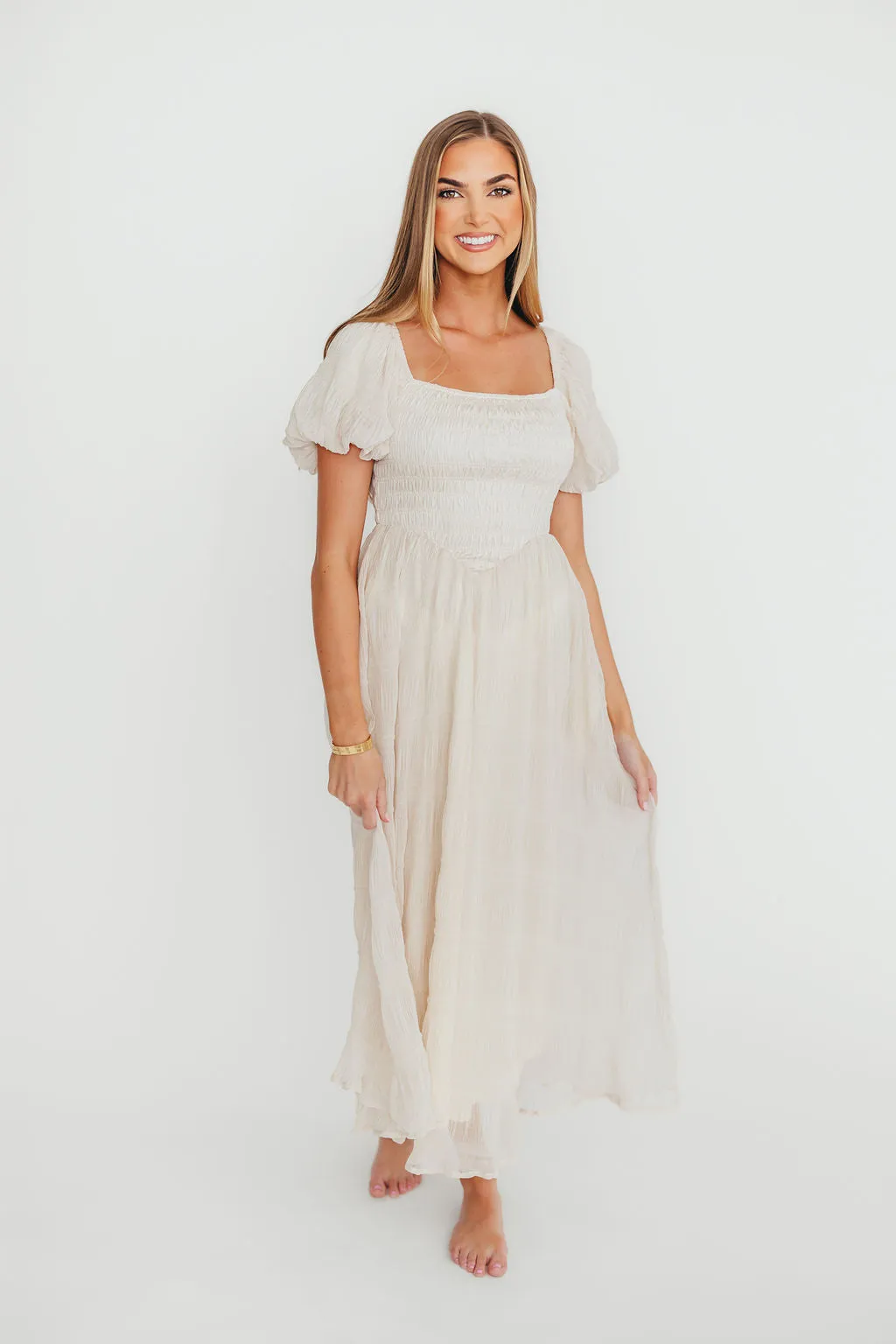 Laura Puff Sleeve Smocked Midi Dress in Ecru