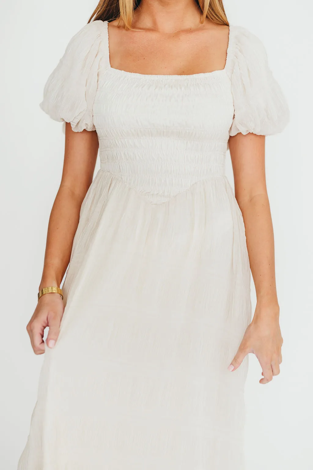 Laura Puff Sleeve Smocked Midi Dress in Ecru