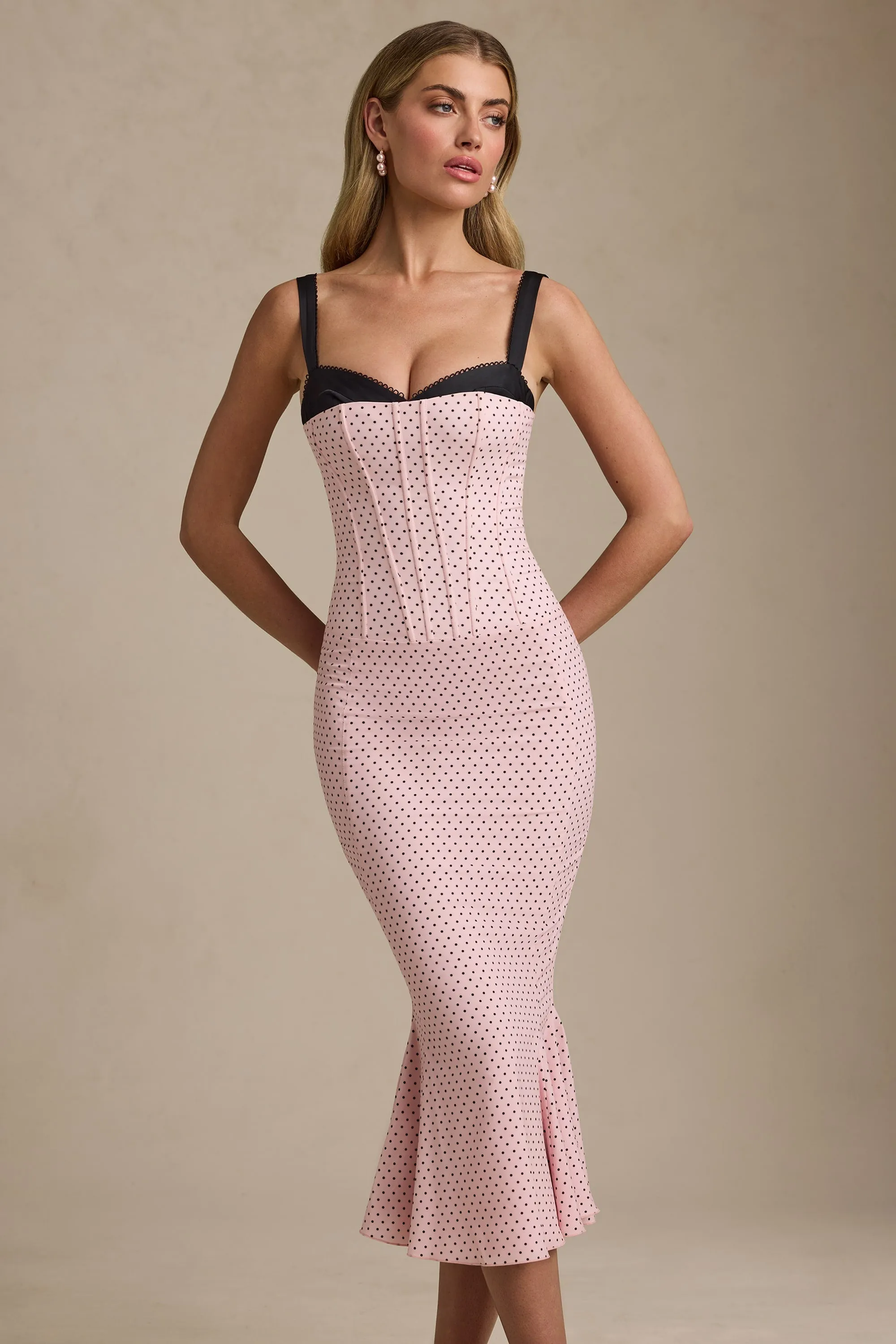Layered Bra-Detail Fishtail Midaxi Dress in Pink Polka Dot
