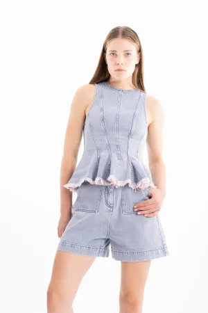 LILAC OVERDYE DENIM PATCH POCKETS SHORTS