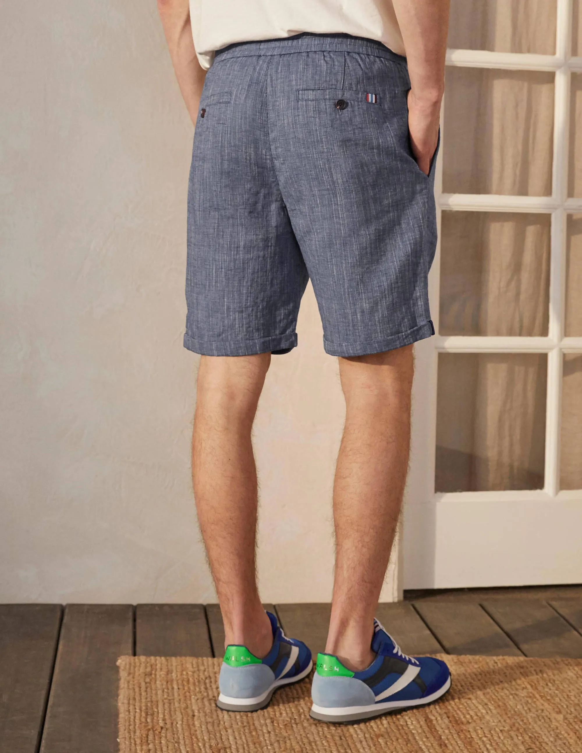 Linen Blend Drawstring Shorts-Light Blue Chambray