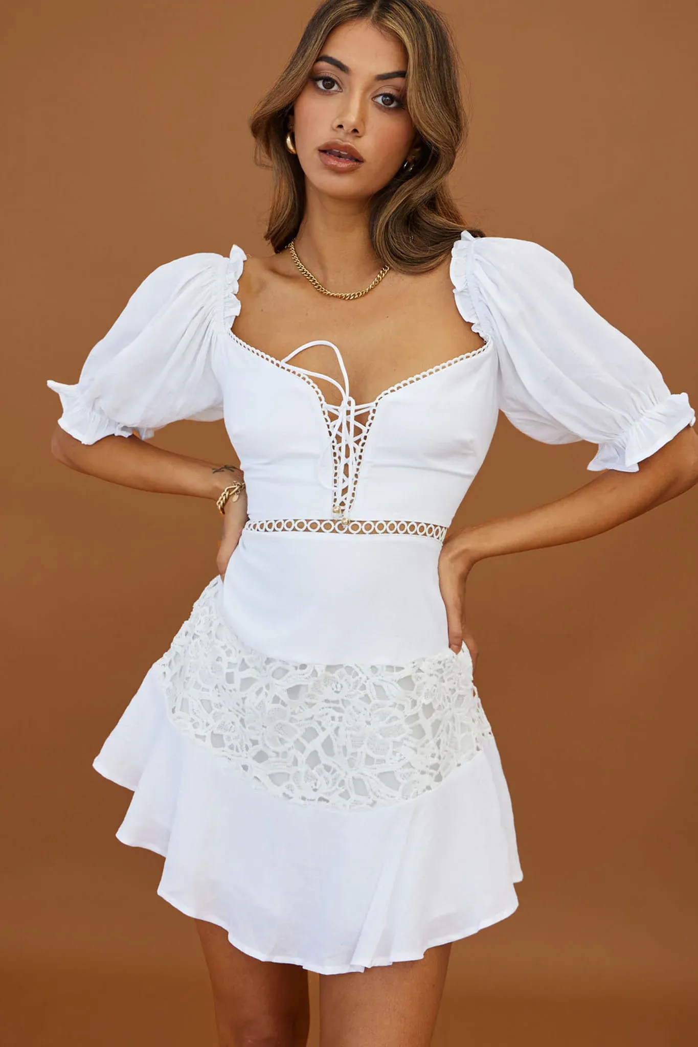 Making Moves Lace-Up Bust Puff Sleeve Dress White