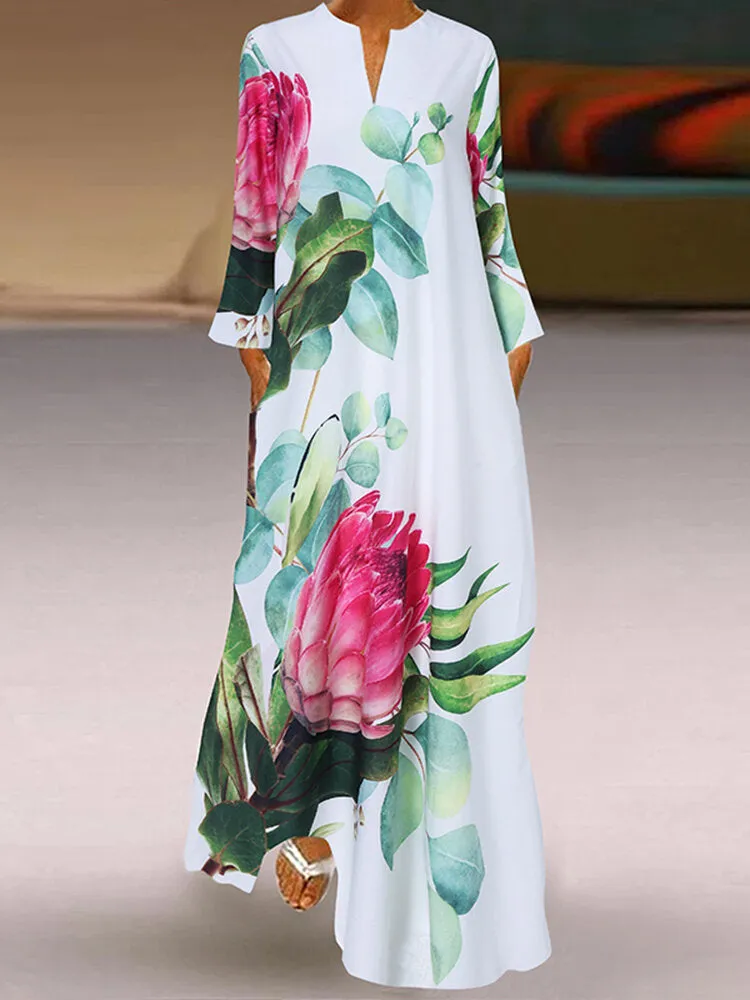 Maxi Dress Girl V-neck Floral Printed Retro Loose Women Maxi Dress