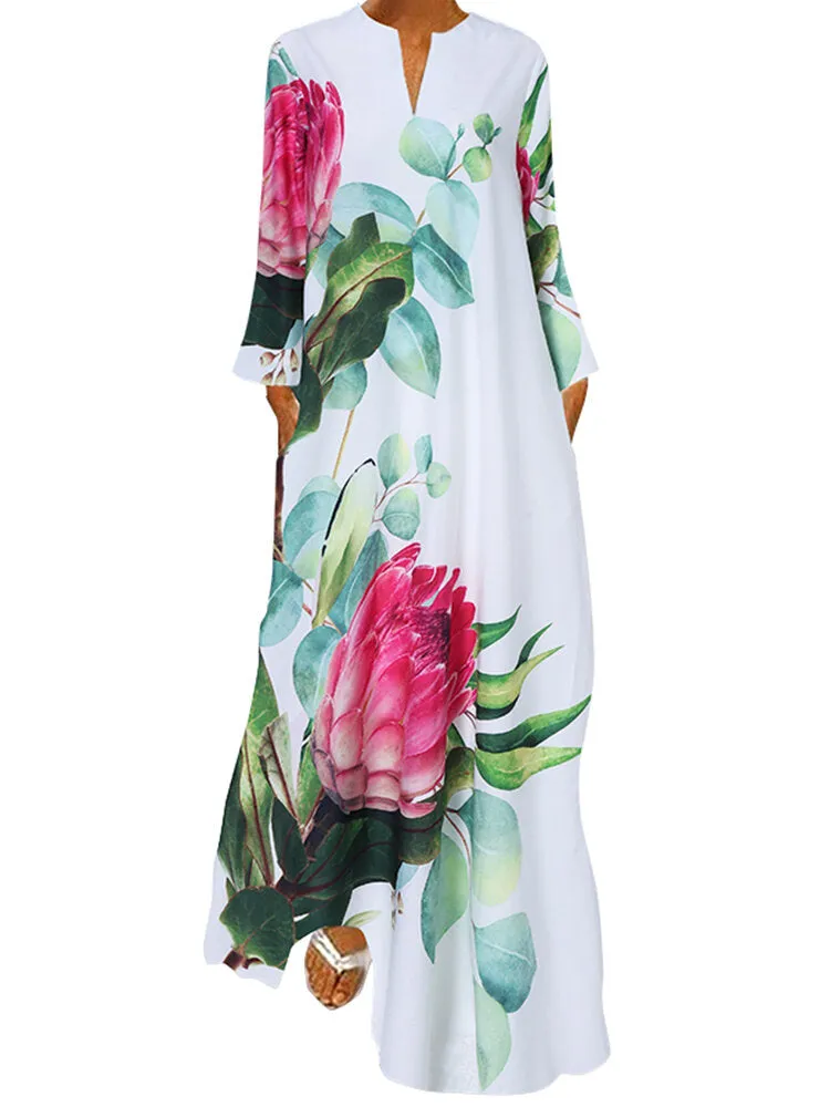 Maxi Dress Girl V-neck Floral Printed Retro Loose Women Maxi Dress