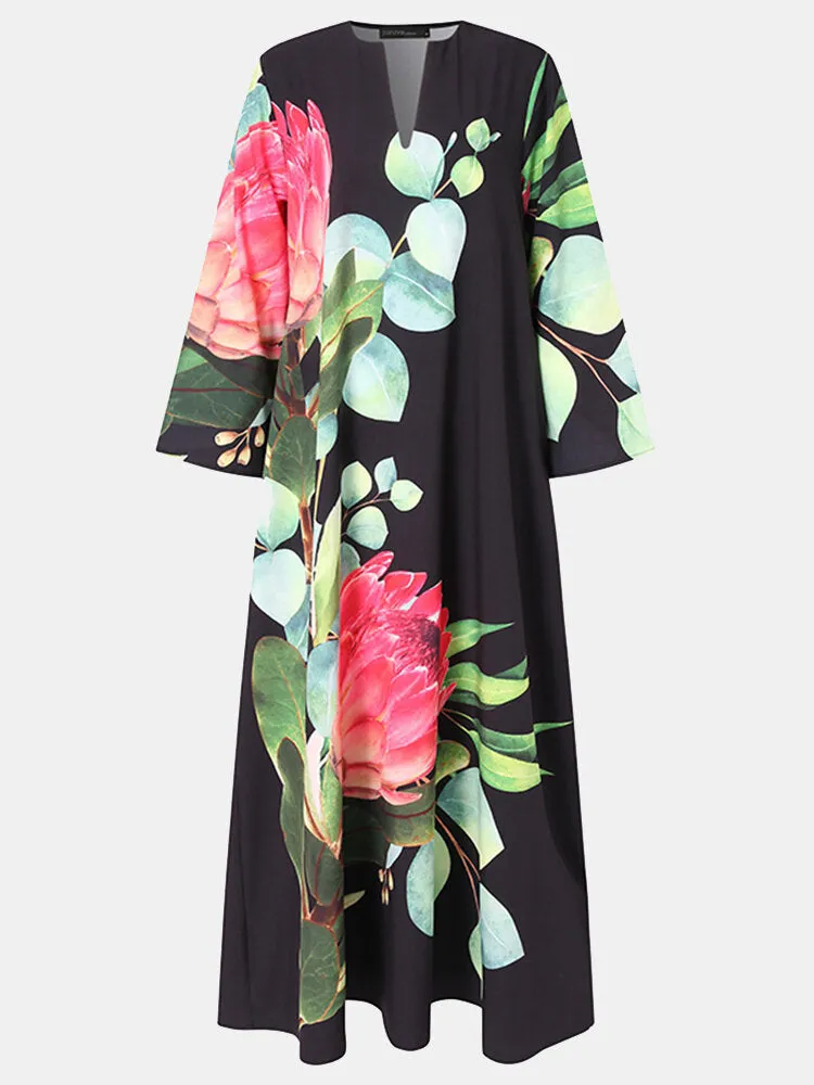 Maxi Dress Girl V-neck Floral Printed Retro Loose Women Maxi Dress