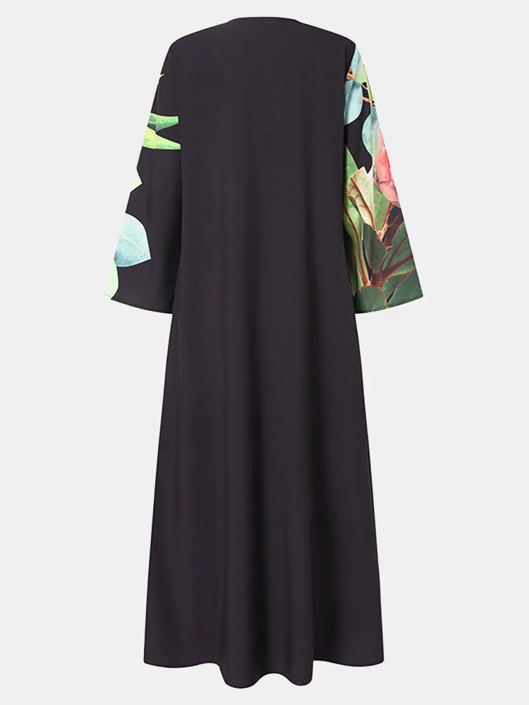 Maxi Dress Girl V-neck Floral Printed Retro Loose Women Maxi Dress