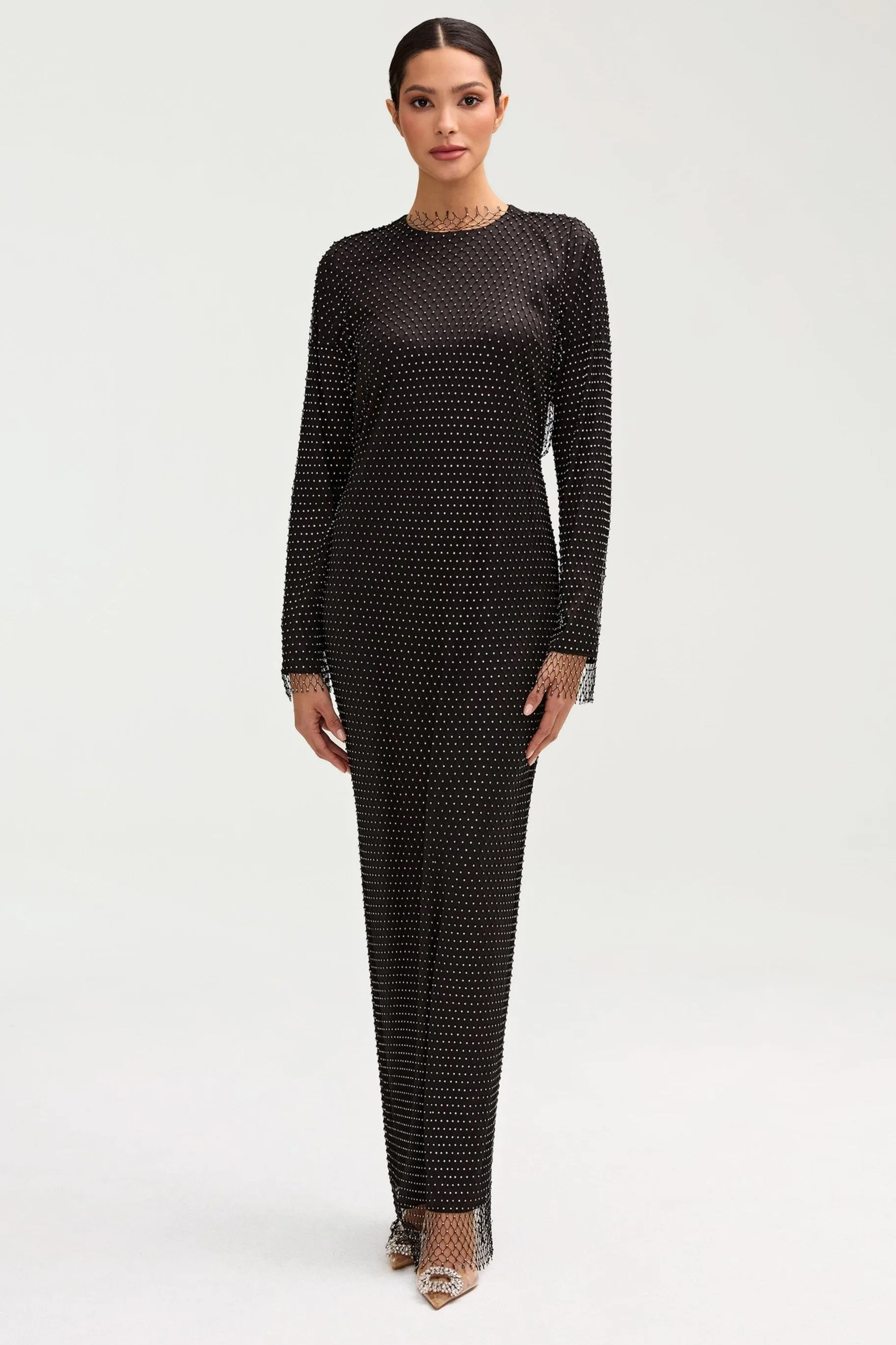 Naila Crystal Mesh Overlay Dress Only - Black