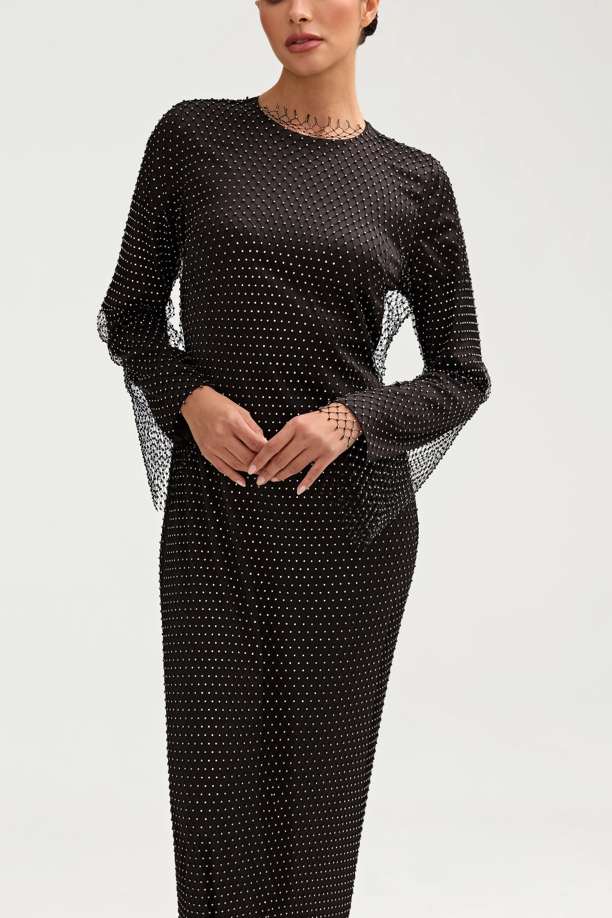 Naila Crystal Mesh Overlay Dress Only - Black