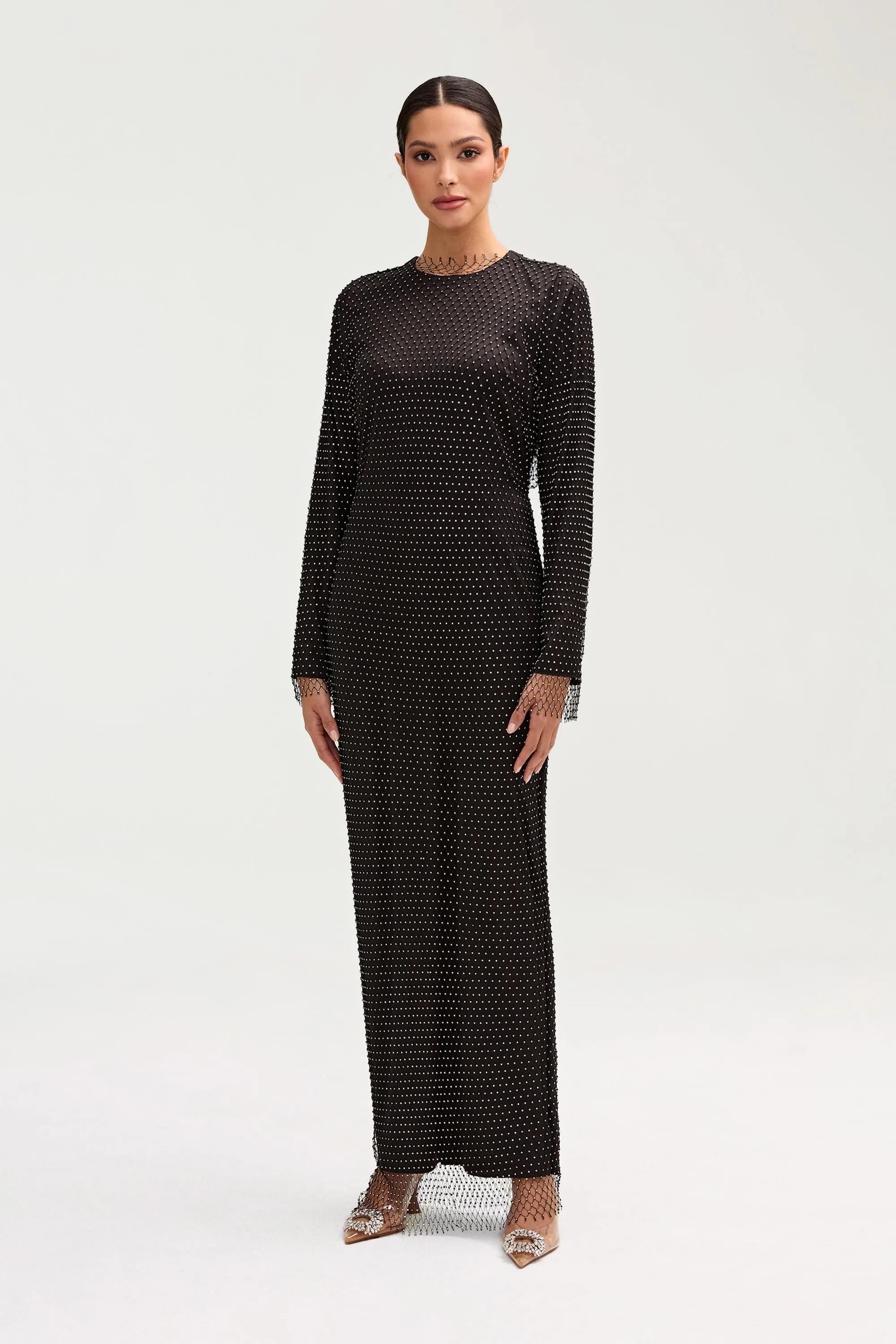 Naila Crystal Mesh Overlay Dress Only - Black