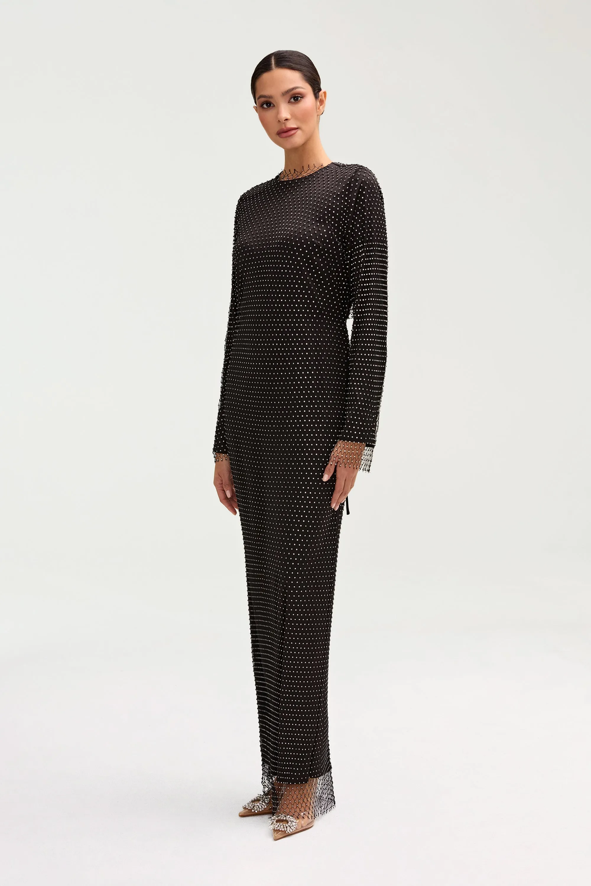 Naila Crystal Mesh Overlay Dress Only - Black