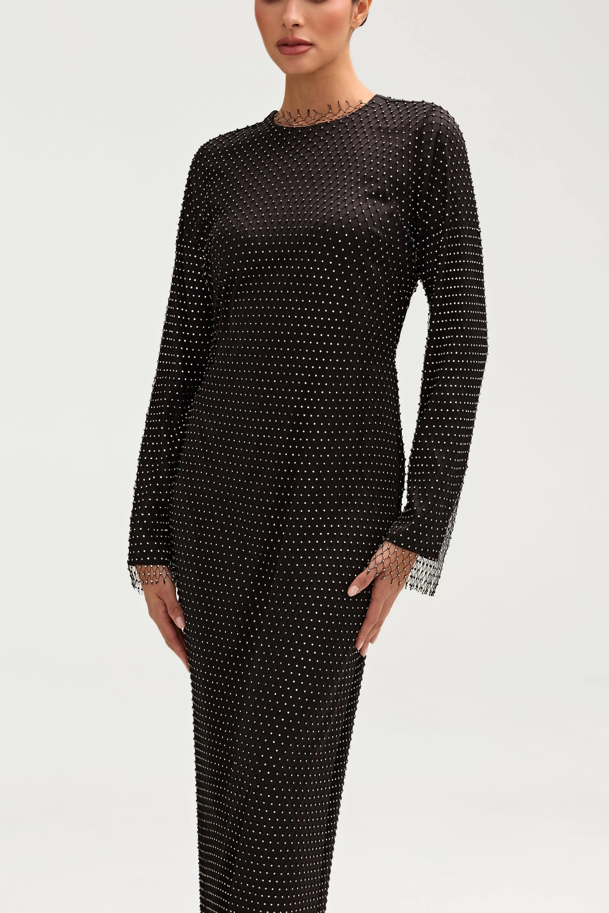 Naila Crystal Mesh Overlay Dress Only - Black