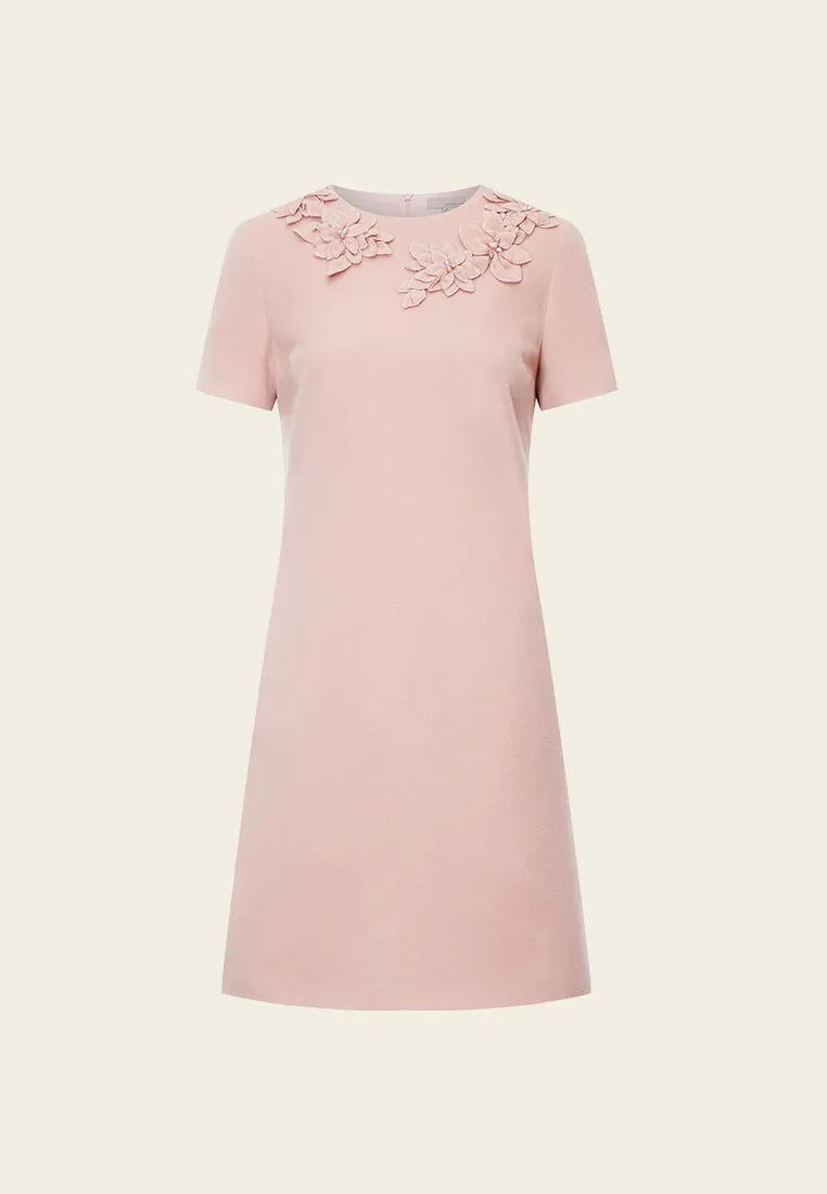 Pink Embellished Wool Short Sleeves Dress