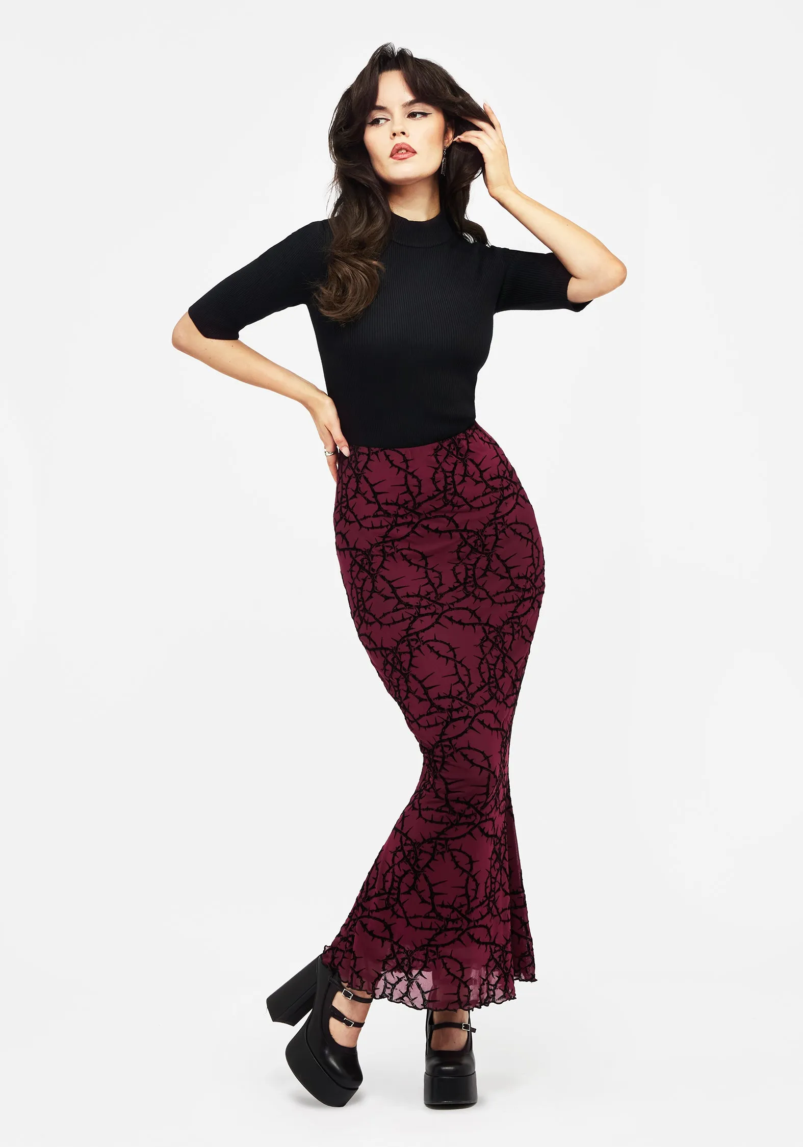 Prickle Thorn Print Mesh Mermaid Maxi Skirt