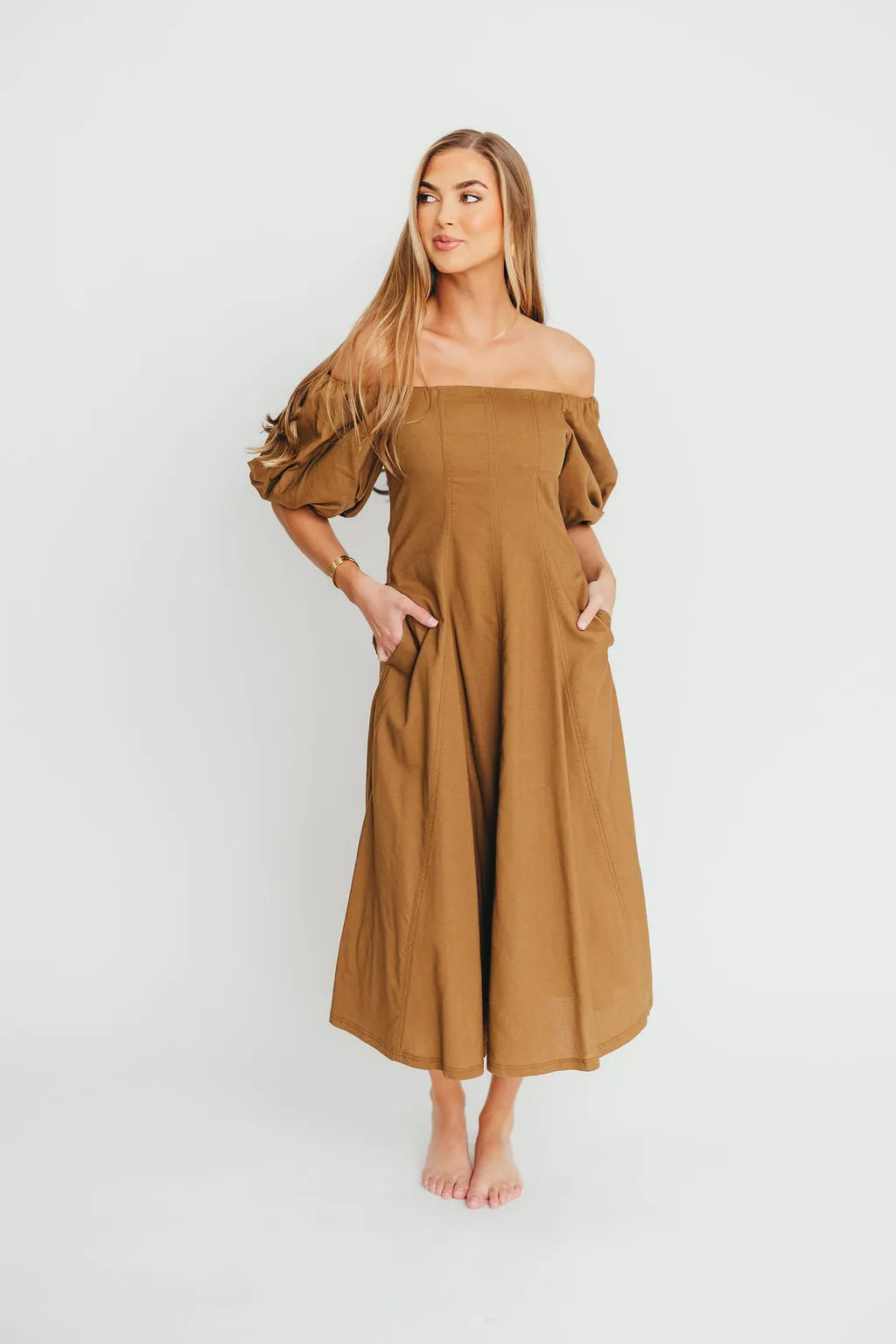 Serenity Off-The-Shoulder Midi Dress in Coconut
