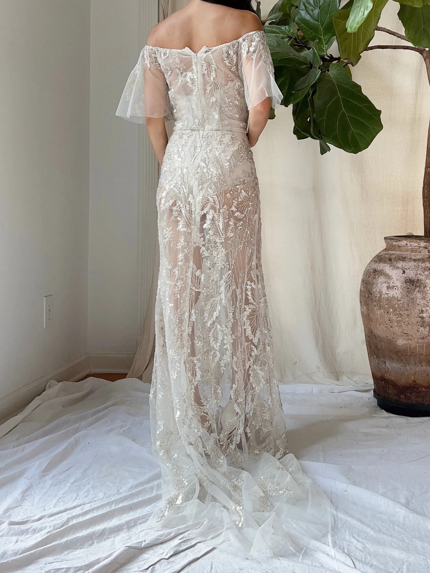Sheer Off-the-Shoulder Beaded Gown - S