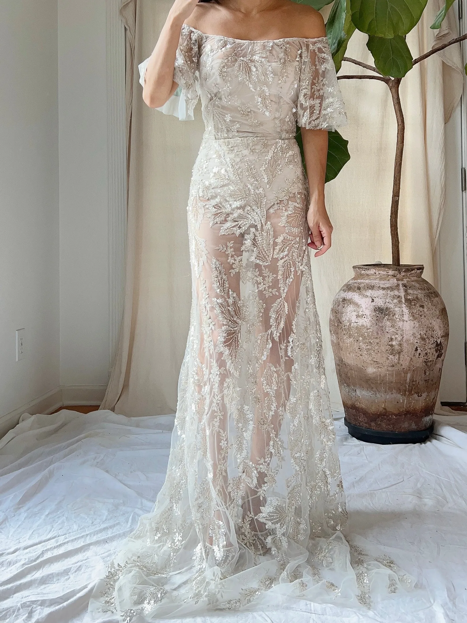 Sheer Off-the-Shoulder Beaded Gown - S