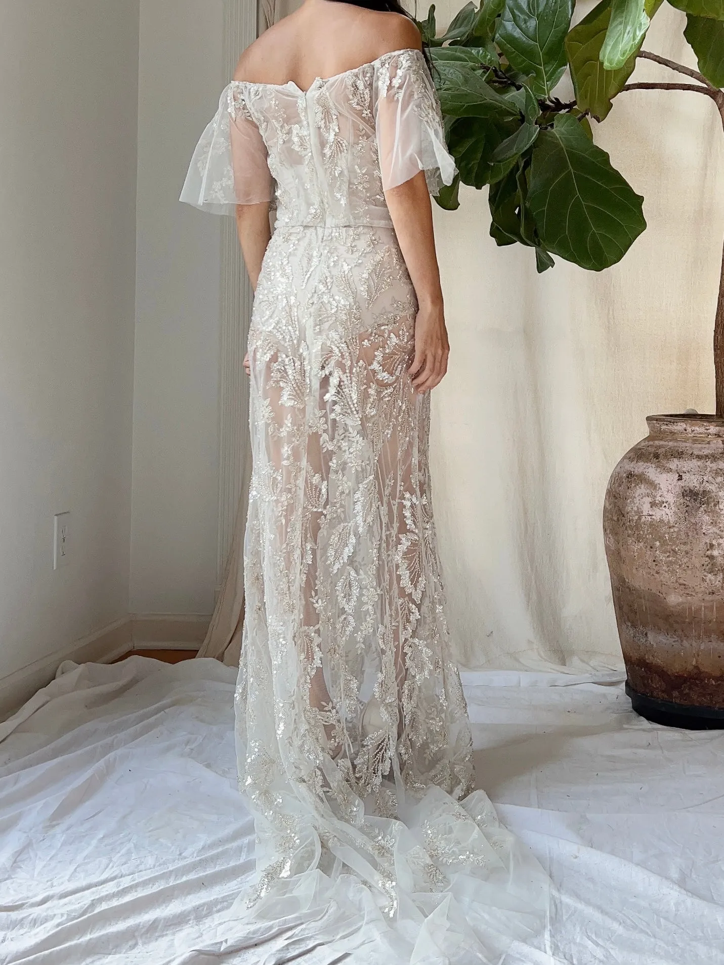 Sheer Off-the-Shoulder Beaded Gown - S