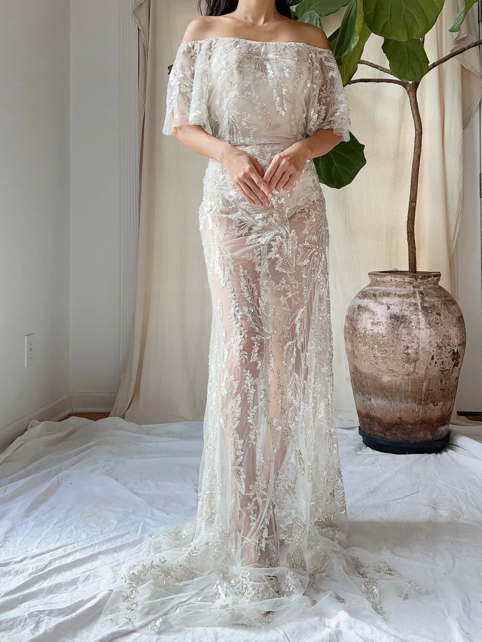 Sheer Off-the-Shoulder Beaded Gown - S