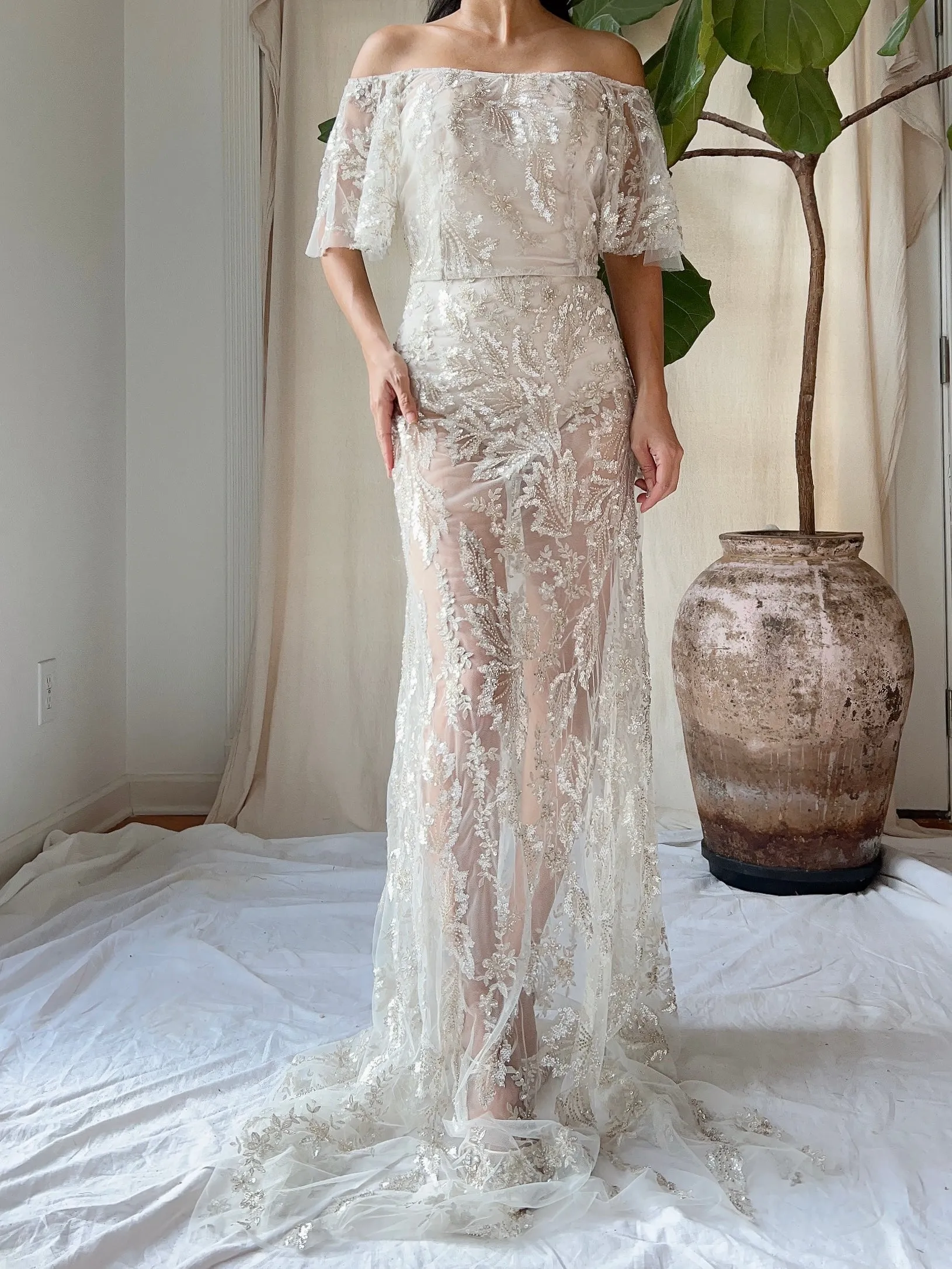 Sheer Off-the-Shoulder Beaded Gown - S