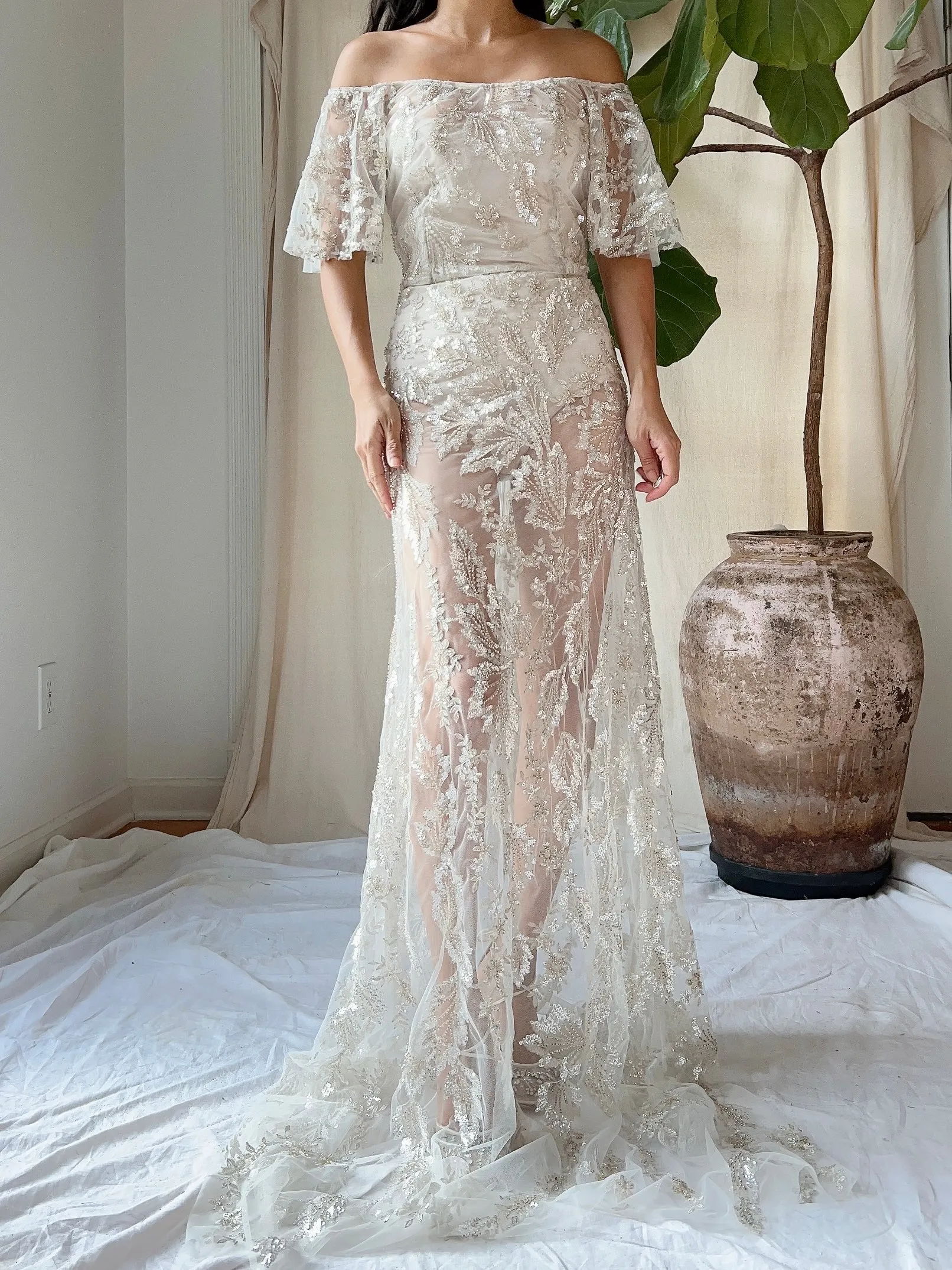 Sheer Off-the-Shoulder Beaded Gown - S