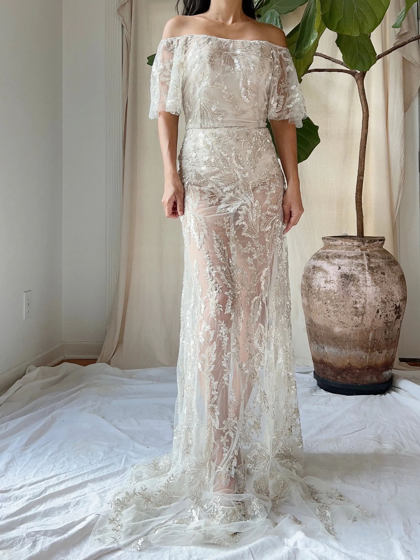 Sheer Off-the-Shoulder Beaded Gown - S
