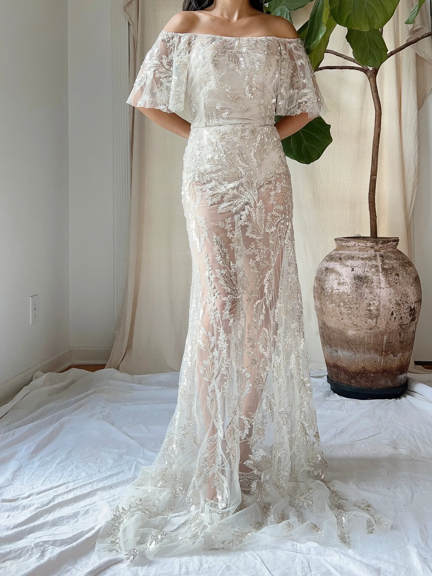 Sheer Off-the-Shoulder Beaded Gown - S